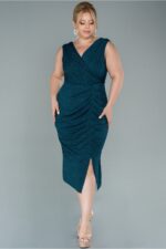 Kruvaze Yaka Kolsuz Midi Simli Büyük Beden Abiye Abk1492 - Görsel 5