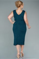 Kruvaze Yaka Kolsuz Midi Simli Büyük Beden Abiye Abk1492 - Görsel 6