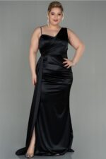 Siyah Tek Omuz Uzun Saten Büyük Beden Abiye Abu2932