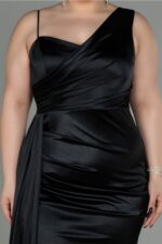 Siyah Tek Omuz Uzun Saten Büyük Beden Abiye Abu2932 - Görsel 3