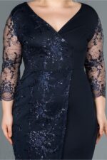 Kadın Lacivert Kruvaze Yaka Işleme Detaylı Büyük Beden Abiye Elbise Abk833 - Görsel 3