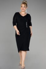 Siyah Kapri Kol Midi Simli Büyük Beden Davet Elbisesi Abk39922