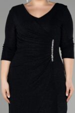 Siyah Kapri Kol Midi Simli Büyük Beden Davet Elbisesi Abk39922 - Görsel 3