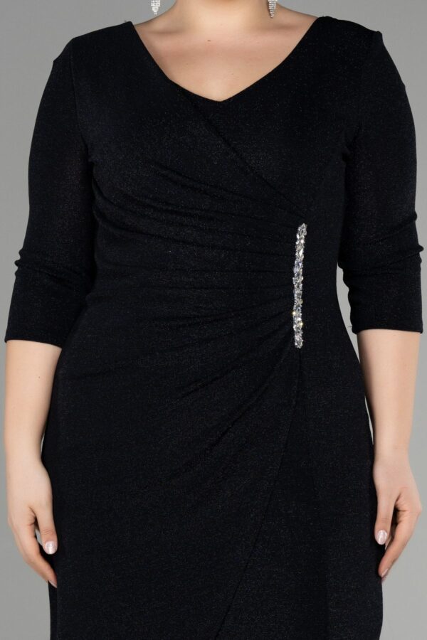 Siyah Kapri Kol Midi Simli Büyük Beden Davet Elbisesi Abk39922 - Görsel 3