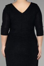 Siyah Kapri Kol Midi Simli Büyük Beden Davet Elbisesi Abk39922 - Görsel 4