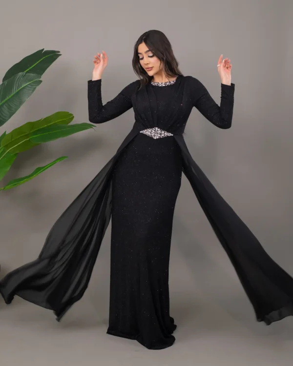 Siyah Uzun Şifon Pelerinli Taş Detaylı Tesettür Abiye ABU39842 - Görsel 3