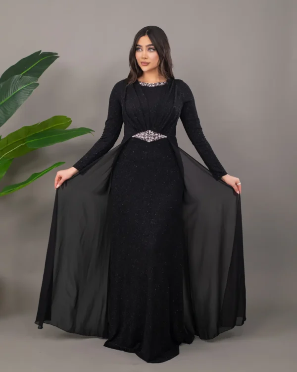 Siyah Uzun Şifon Pelerinli Taş Detaylı Tesettür Abiye ABU39842 - Görsel 2