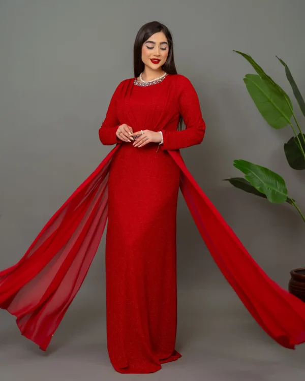 Kırmızı Uzun Şifon Pelerinli Taş Detaylı Tesettür Abiye ABU39842 - Görsel 2