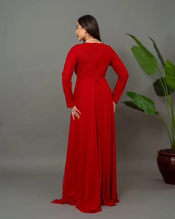 Kırmızı Uzun Şifon Pelerinli Taş Detaylı Tesettür Abiye ABU39842 - Görsel 3