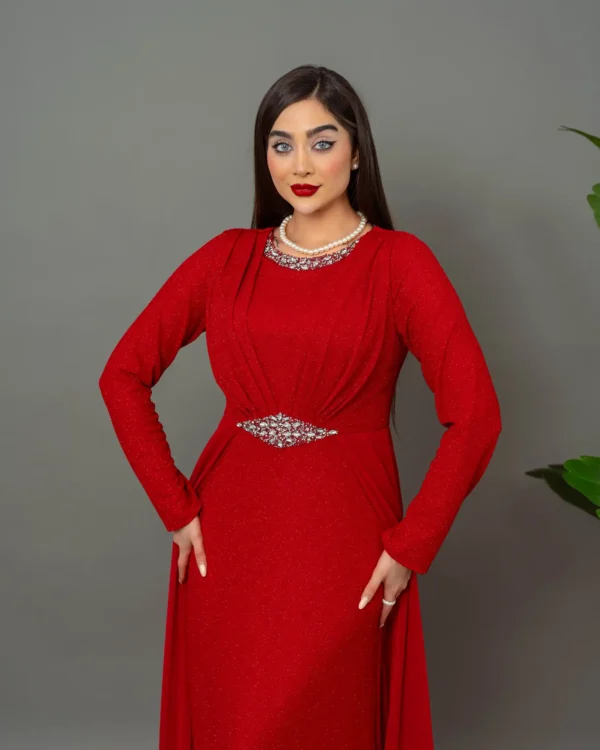 Kırmızı Uzun Şifon Pelerinli Taş Detaylı Tesettür Abiye ABU39842 - Görsel 4